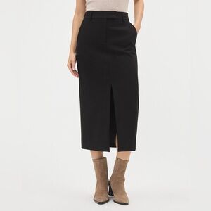 Black Twill Pencil Midi Skirt